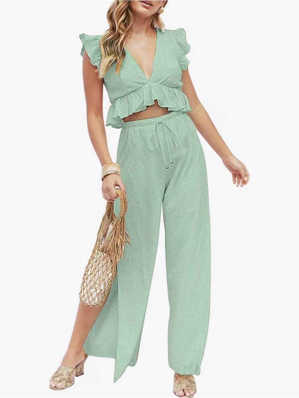 Vneck Ruffle Crop Top and Wide Leg Pants
